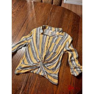 Medium Yellow Black White 3/4 Sleeve Front Twist Knot Waist Blouse Top Shirt